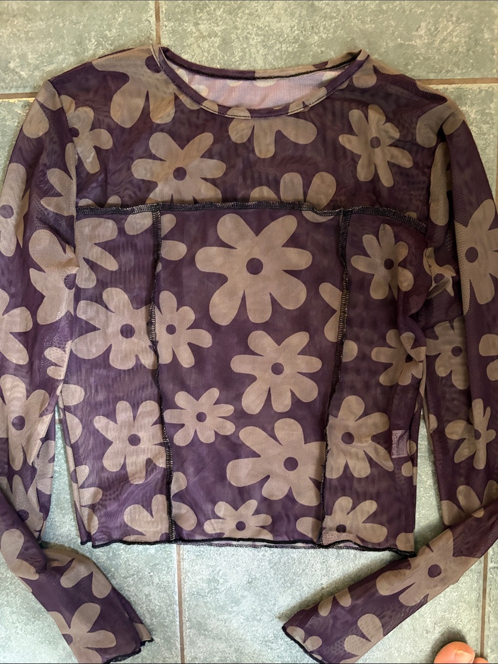 Purple Floral Mesh Long-Sleeve Crop Top - Picture 2 of 2